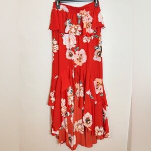 Misa Los Angeles Vibrant Red Orange Peplum Ruffle Slit Maxi Skirt